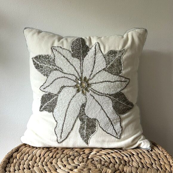Pier 1 Imports Pillow Beaded Rhinestone Snowflake Decorative Throw Silver White - Picture 1 of 6